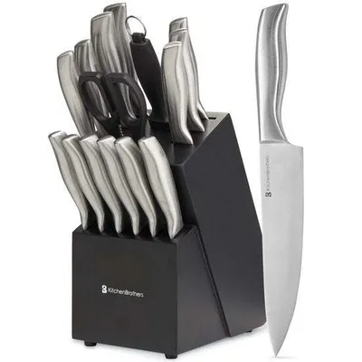 Produktbild von KitchenBrothers Messerset - mit Block - 16-teilig - mit Schere und Wetzstahl - Silber/Edelstahl