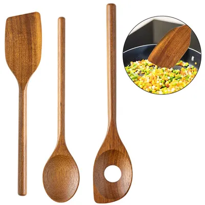 Produktbild von Holz Kochlöffel Set 3er Set aus Akazienholz, Pfannenwender, Kochlöffel & Lochlöffel, robust & schonend für Antihaftpfannen