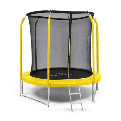 Produktbild von Klarfit Kinder Trampolin Indoor/Outdoor, Kleines Trampolin für Kinder, Kindertrampolin Rutschfest, Trampolin mit Leiter, Randabdeckung und Sicherheitsnetz, UV-Beständiges Trampolin Klein, 250cm