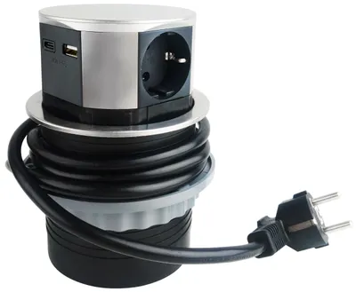 Produktbild von ChiliTec 23917 Schreibtisch-Einbausteckdose 3x +USB A+C versenkbar, Edelstahl-Ausführung, rund