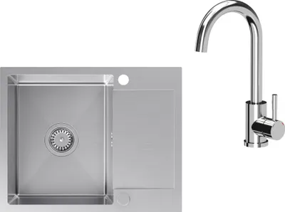 A stainless steel kitchen sink and faucet are shown against a white background.
