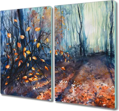 Produktbild von Coloray Kochplattenabdeckung Herdabdeckplatte 2x30x52 cm Hackbrett Schneidebrett Küchenbrett - Wald Blätter