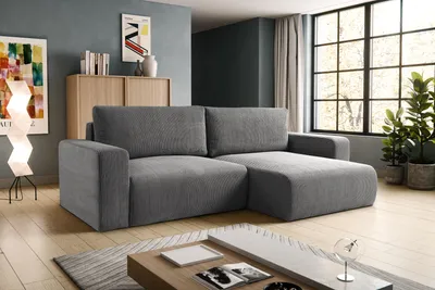 Produktbild von GOYA OPERA 245x140 – universelle Seite, Cord Ecksofa, Schlafsofa mit Bettkasten, Skandinavisch/Boho Design, Universell, POSO 60 - Dunkelgrau
