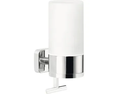 Produktbild von tesa ELEGAANT Seifenspender-Set, Milchglas und verchromtes Metall - Flüssigseifenspender zur Wandbefestigung ohne Bohren, inkl. Klebelösung