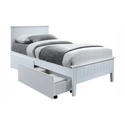 A white single bed with a pull-out drawer underneath, shown against a white background.