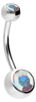 Produktbild von Bauchnabelpiercing Chirurgenstahl Bananabell ZWEI KRISTALLE Farbe: Silber + Kristall: Regenbogen Stablänge: 12mm