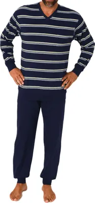 Produktbild von Normann Herren Schlafanzug lang mit Bündchen - Pyjama in Streifenoptik und V-Hals ; marine , 50
