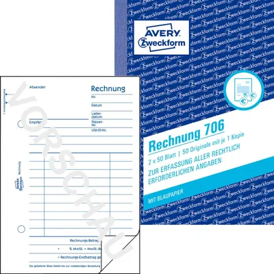 Produktbild von Avery Zweckform 706, Rechnung, A6, mit Blaupapier, 2x50 Blatt