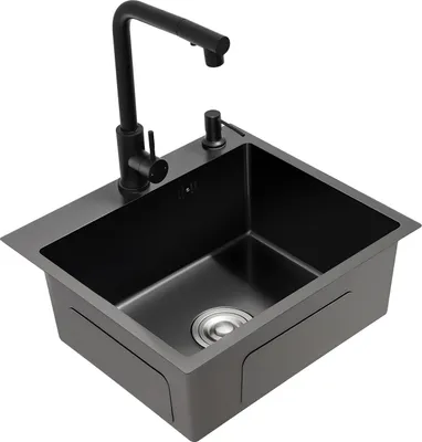Obrázok produktu pre Kuchynský drez – jednokomorový z nehrdzavejúcej ocele – 50×45×20 cm – 2 otvory – výsuvná batéria 60 cm – na dosku/pod dosku/zápustná – čierna