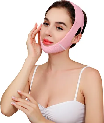 Produktbild von Wiederverwendbare V-Linien-Maske mit Gesichtsschlankheitsgurt und Doppelkinnreduzierer (Pink)