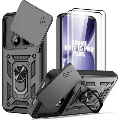 Image de Coque + 2 Verres Trempés pour Xiaomi Redmi Note 15 Pro Plus 5G, Antichoc avec Anneau - Noir