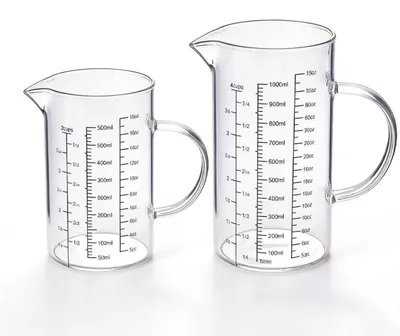 Produktbild von Messbecher Set Glas 2 Stück 500ml + 1L Transparent mit Griff Ausguss 3 Skalen Mikrowellengeeignet