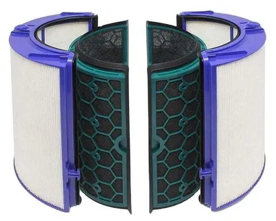 Two halves of an air purifier filter are shown, separated and facing each other.