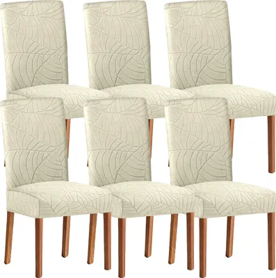 Produktbild von 6er Set Stretch Stuhlhussen für Esszimmerstühle, Abnehmbarer Waschbarer Stühle Schutz Jacquard Stuhlbezug für Esszimmer,Hotel,Bankett,Beige