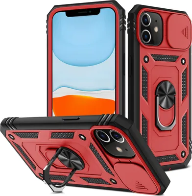 Produktbild von iPhone 11 Hülle, Schiebe Kamera Schutz Robust Rüstung Stoßfest Schutzhülle mit Ringhalterung Ständer Kartenhalter für iPhone 11 Rosa