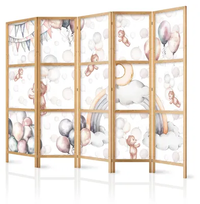 Produktbild von Muralo Japanischer PARAVENT 5-teilig Raumteiler klappbar PREMIUM-Vliesleinwand TEDDYBÄREN UND BALLONS für Kinderzimmer 225cmx172cm