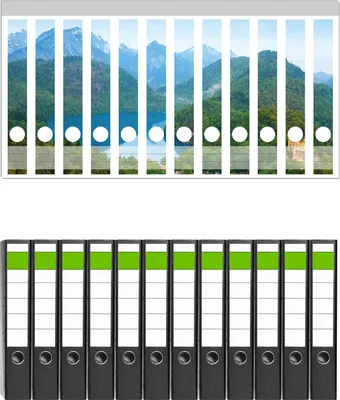 Produktbild von Wallario 12 Stück schmale Ordner inkl. Klebeetiketten mit Motive Schloss Hohenschwangau neben dem Alpsee -  Set mit Rückenschildern / Ordnerrücken Stickern