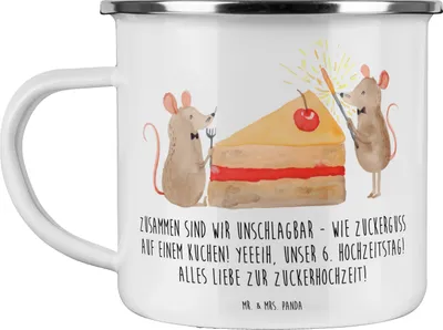 Produktbild von Mr. & Mrs. Panda Teetasse 6. Hochzeitstag Zuckerhochzeit - Weiß - Geschenk, Teebecher, Heiraten, Heirat, Geschenke, Emaille Tasse, besondere Anlässe, Ehe, Becher