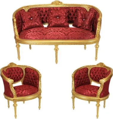 Produktbild von Casa Padrino Barock Wohnzimmer Set Marseille Bordeaux Muster / Gold - Sofa + 2 Sessel