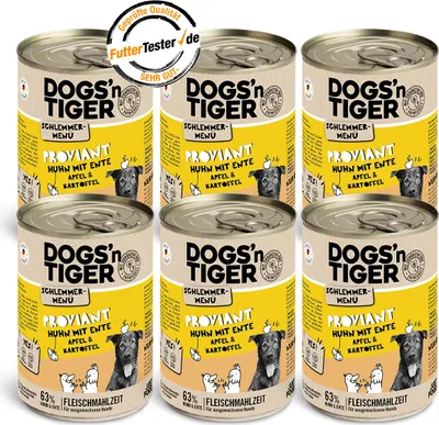 A product shot of six cans of dog food arranged in two rows of three.