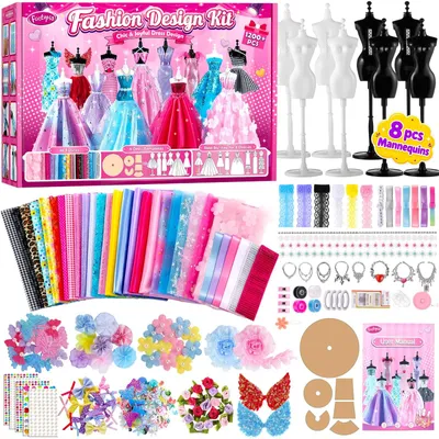 Produktbild von Modedesign-Set Mädchen Modedesign Spielzeug - 1200+ Teile - 30 Stoffe - 8 Schaufensterpuppen - Mit Anleitung ab 6 Jahren