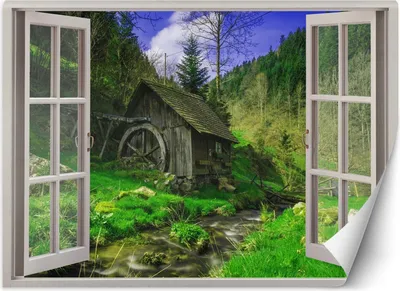Immagine prodotto di Pittura murale piccola vista dalla finestra casa di montagna ruscello carta da parati per pareti 140x100 cm colore Verde tema Paesaggi