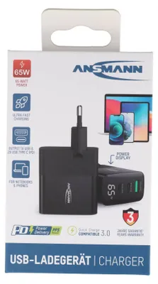 Obrázek produktu pro USB nabíječka Ansmann s displejem, HC365PD, 2x USB-C, 1x USB-A port, 65 W výkon