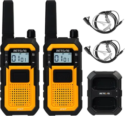 Two walkie-talkies, two headsets, and a charging dock are displayed against a white background.