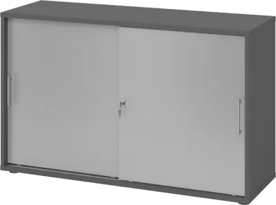 Produktbild von bümö Schiebetürenschrank office - 2 Ordnerhöhen - Nachbildung: Graphit/Silber, Griff: Bügelgriff (Metall)