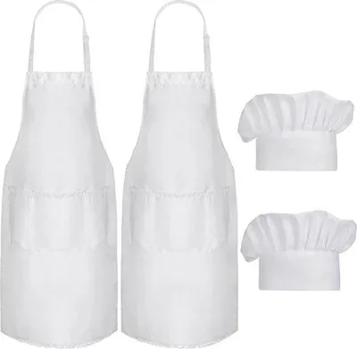 Produktbild von DigiRigi® Kochschürzen-Set 4er Weiß, verstellbarer Nackenriemen, 3 Taschen, Kochmütze, 85×66 cm, Taillenbänder 90 cm, Polyester/Baumwolle, Unisex