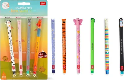 Produktbild von LEGAMI 10er Set radierbare Gelstifte Farm Set + Hippo, Tiger, Schmetterling, Dino, Lama und Pinguin - verschiedene Schreibfarben