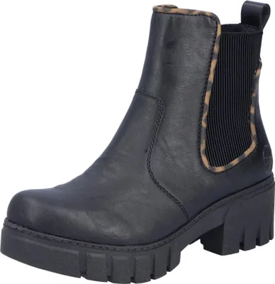 A black Chelsea boot with a leopard print lining and a thick sole, shown against a white background.
