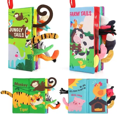 Produktbild von Minicee Baby Knisterbuch mit Tierstärten – Sensorisches Stoffbuch mit Rassel, Beißring & Hängeband – Motorikspielzeug ab 0 Monaten