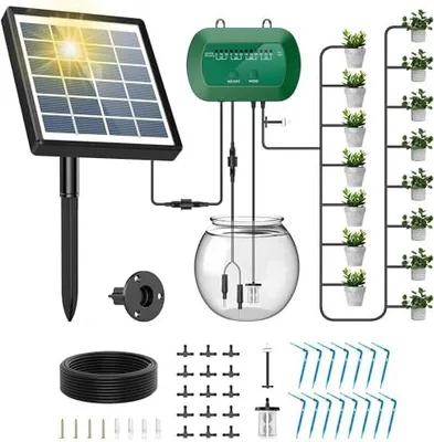 Produktbild von Solar-Bewässerungssystem, automatische Bewässerung von Garten Tropf, Anti-Siphon-Design-Topfpflanzen Gewächshaus, 12 Timing-Modi Anlagengeräte + 15 m