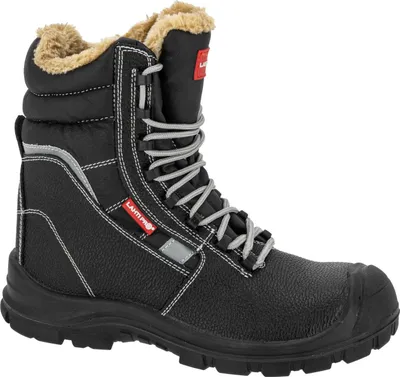 A black insulated leather boot with fur lining.