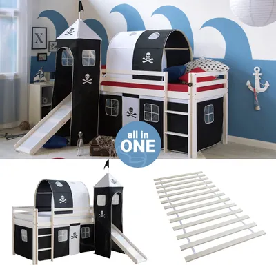 Produktbild von Homestyle4u 2543, Hochbett 90x200 mit Rutsche, Turm, Tunnel, Lattenrost, Vorhang schwarz Kinderbett Weiß Holz Kiefer Massiv Jugendbett