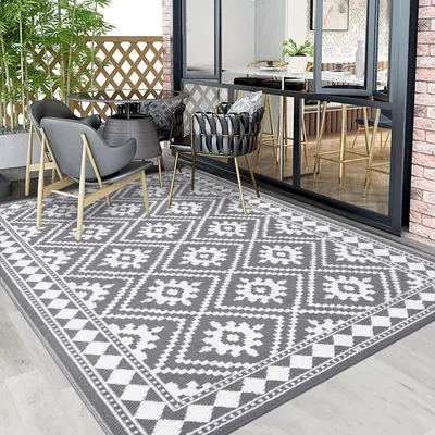 Image de Tapis d'extérieur 150 x 240 cm, en plastique recyclé, pliable, imperméable, de couleur grise, idéal pour le camping