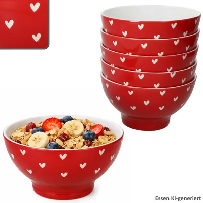 Produktbild von 6er Set Love Müslischalen Porzellan rot weiße Herzen 300ml Bowl Salat