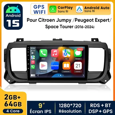 Image de Autoradio 9 pouces CarPlay Android 15 pour Citroën Jumpy SpaceTourer 2016-2023, GPS navigation, Wi-Fi, Bluetooth, DAB+, SWC, 2+64GB