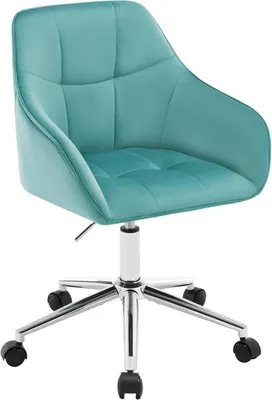 A turquoise office chair with a velvet seat and chrome base with wheels.