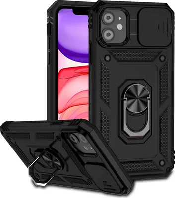 Produktbild von iPhone 12 Mini Hülle mit Schiebe Kamera Schutz und Ringhalter Ständer Robust Rüstung Schutzhülle für iPhone 12 Mini Schwarz