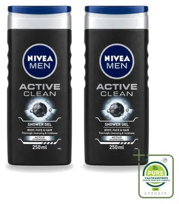 Immagine prodotto di 2 flaconi di gel doccia Nivea Men Active Clean - 250 ml ciascuno - confezione grande - 2 pezzi