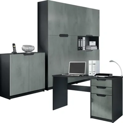 Produktbild von Vladon Büromöbel Arbeitszimmer komplett Set Logan,  Germany, Korpus in Schwarz matt / Fronten in Beton Dunkel Optik