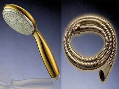 A collage showing a gold hand shower head and a coiled gold shower hose against a gradient background.