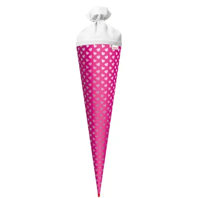 Produktbild von ROTH Bastel-Schultüte groß knallpink - Herzen mit Glanz-Effekt 70 cm rund Rot(h)-Spitze und Filzverschluss