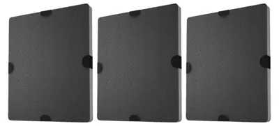 Three identical charcoal filters arranged side-by-side.