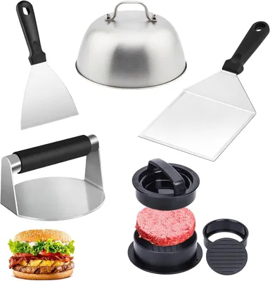 Immagine prodotto di Set per pressare hamburger, composto da 5 pezzi, in acciaio inossidabile, con spatola e pressa per hamburger, ideale per la cucina