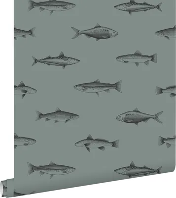 Immagine prodotto di ESTAhome carta da parati disegno a penna di pesce verde grigiastro e nero 53 cm x 10.05 m