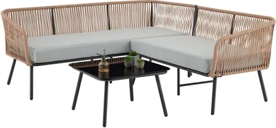 Produktbild von Gartenlounge JAKARTA, braun/grau - Outdoor Ecksofa mit Dreisitzer, Zweisitzer und Beistelltisch, robustes Metallgestell, wasserabweisende Kissen, für Terrasse und Balkon, L-förmige Sitzlandschaft