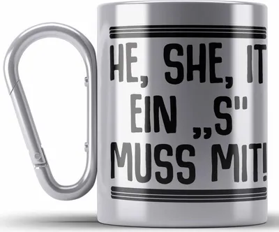 Produktbild von Trendation - Englischlehrer Edelstahl Tasse Karabiner Geschenk He She It Englischlehrerin Geschenkidee Spruch Grundschule (Silber)